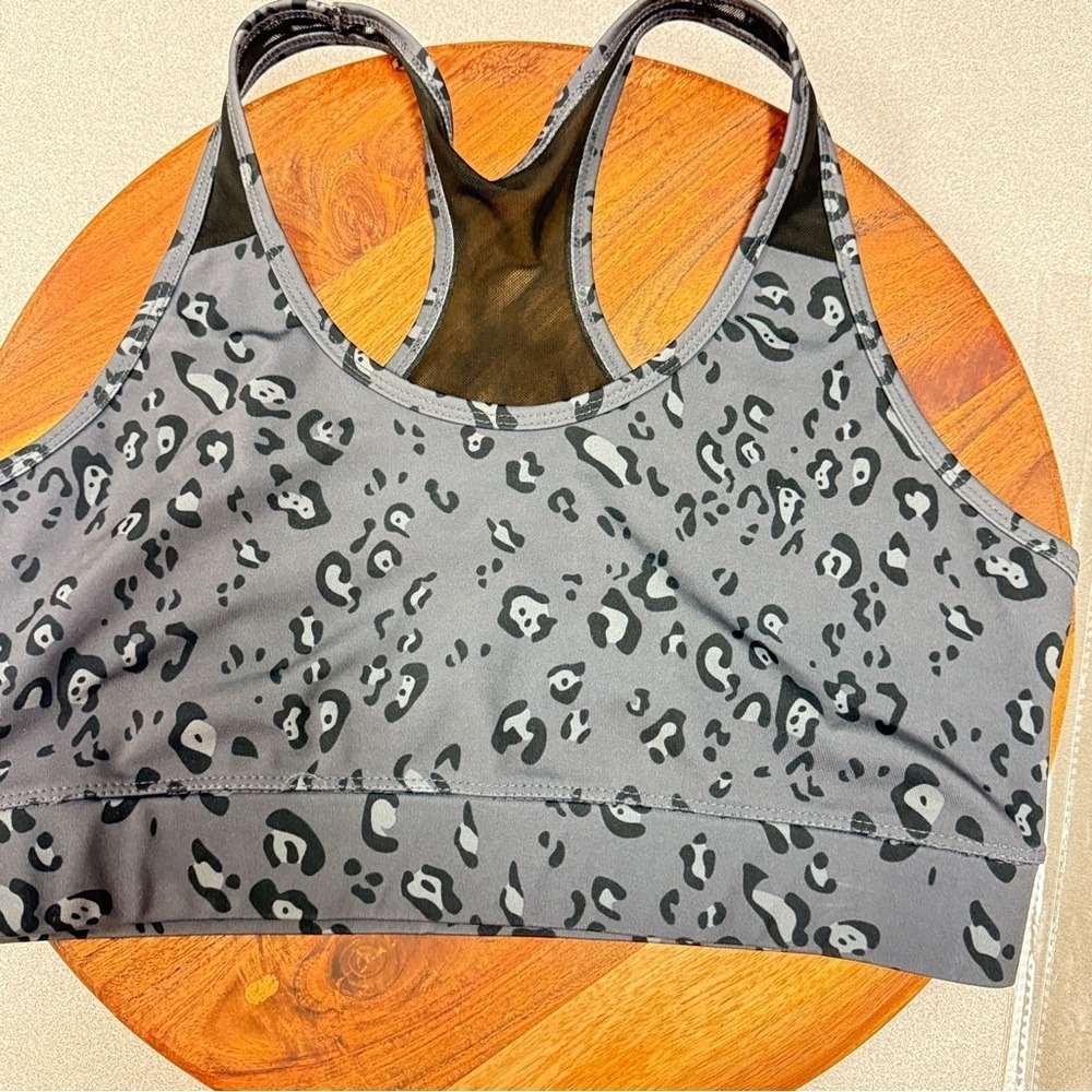 LegEnd Grey Leopard Print Mesh Racerback Sports Bra Large Cutout Activewear